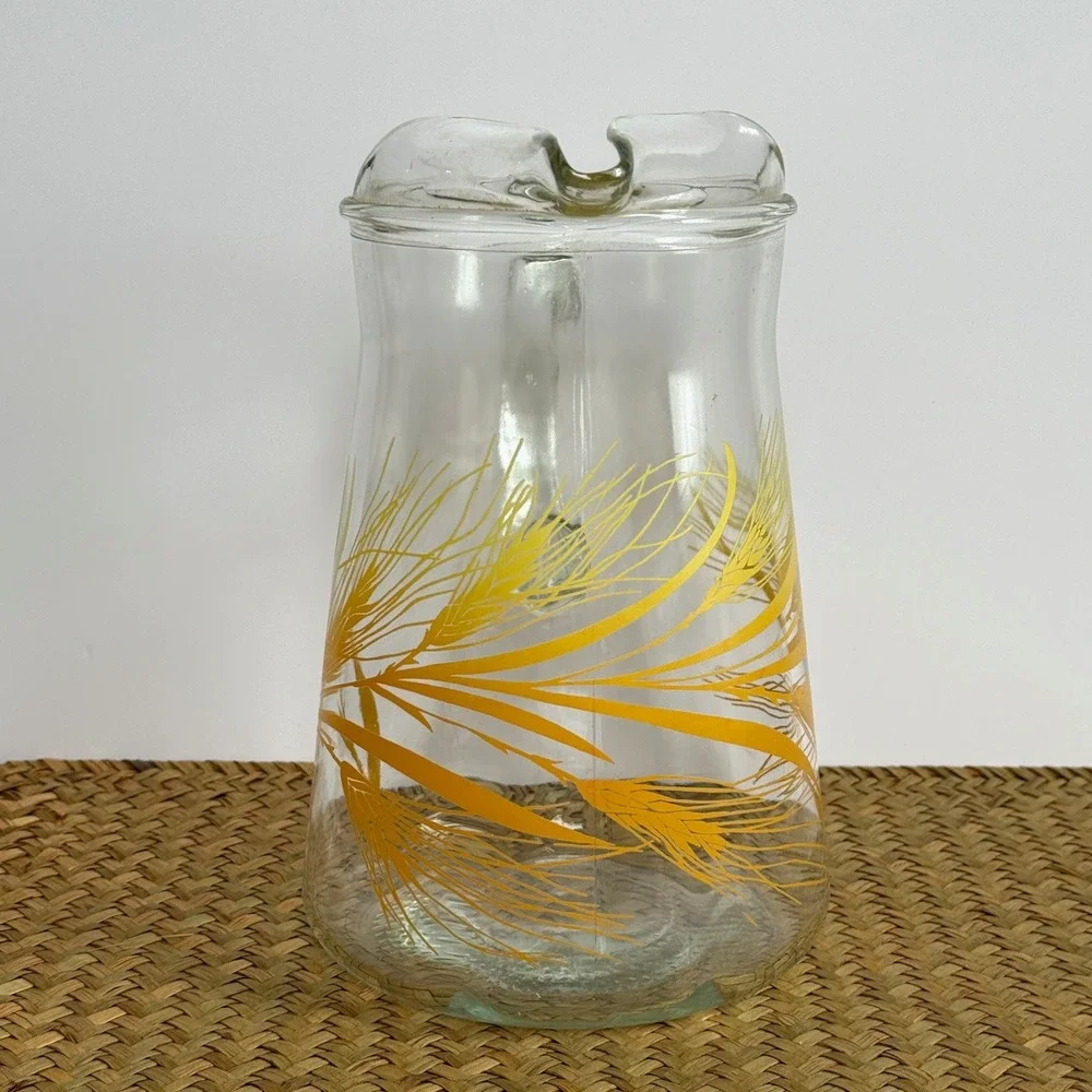 Vintage Mid Century Glass Juice Pitcher‎ Yellow Golden Wheat Pattern Ice Lip